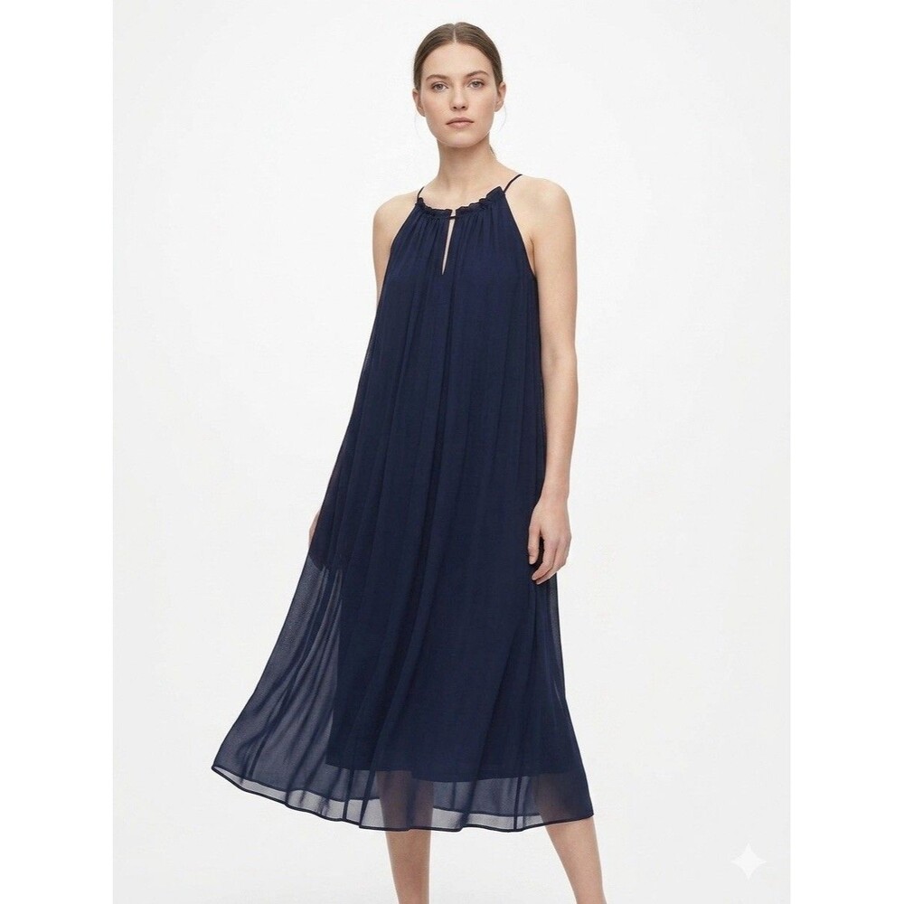 Vince Dress Womens L Blue 100% Silk Slip Scoop Neck Spaghetti Strap Maxi Pleated
